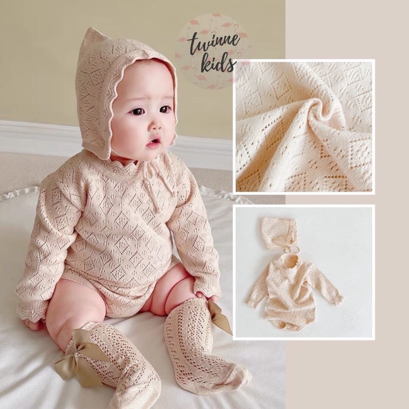 [Sophia Baby] Set đồ liền thân hoạ tiết cổ điển, body len sơ sinh màu vàng mơ chất liệu len cotton mềm cho bé 3-24 tháng