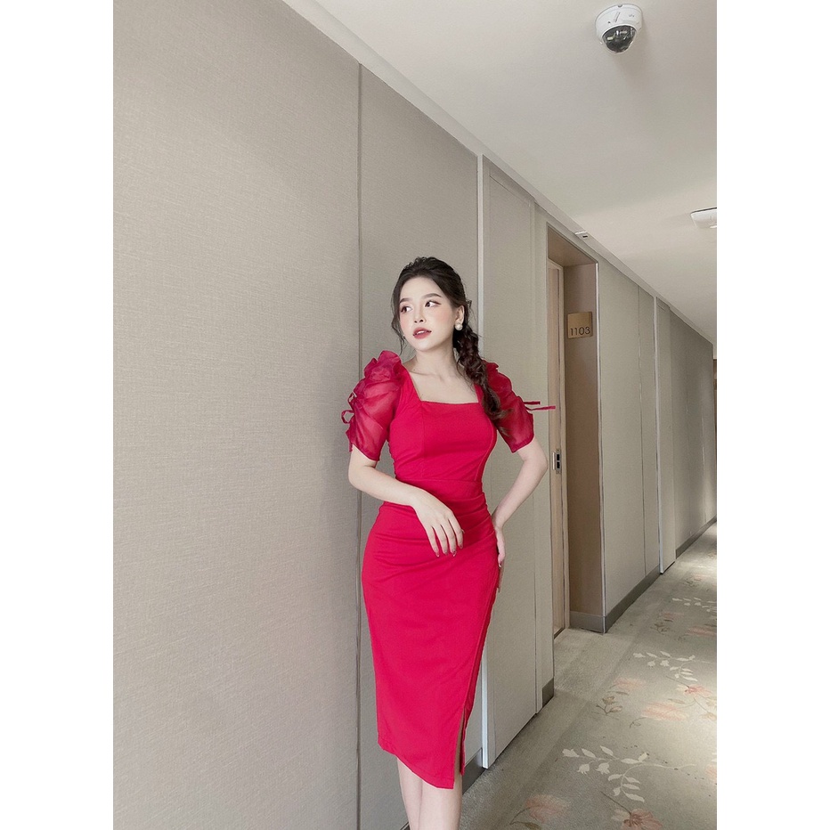 Đầm nữ ôm eo cổ vuông dự tiệc cao cấp chất vải umi xẻ tà Hàn Quốc | BigBuy360 - bigbuy360.vn