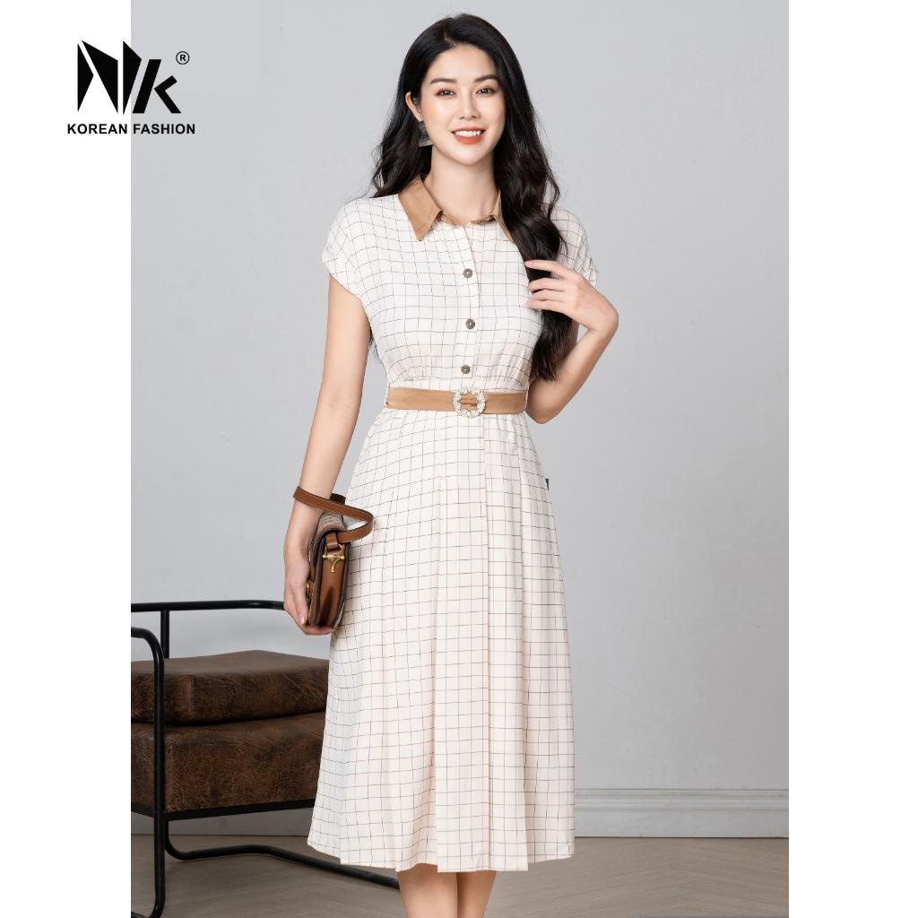 Đầm Họa Tiết Kẻ Nữ NK Fashion Thiết Kế Phong Cách Sang Trọng, Cổ Phối Màu Hiện Đại NKDV2203012