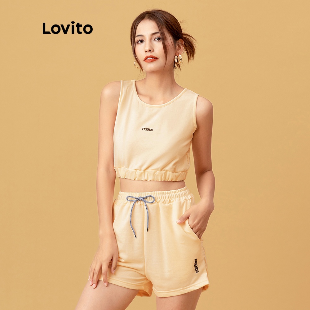 Bộ Đồ Ngắn Lovito Phong Cách Thường Ngày In Chữ L05253 (Đen/Be/Hồng)