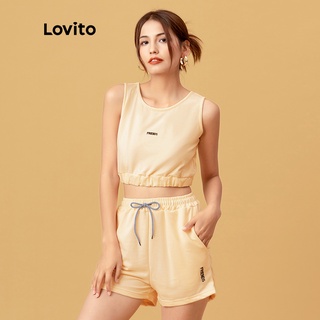 Bộ Đồ Ngắn Lovito Phong Cách Thường Ngày In Chữ L05253 (Đen/Be/Hồng)
