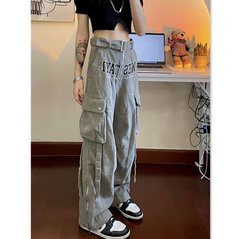Quần Yếm Jean Lưng Cao Ống Rộng Phối Túi Lớn Phong Cách Retro Mỹ Cá Tính