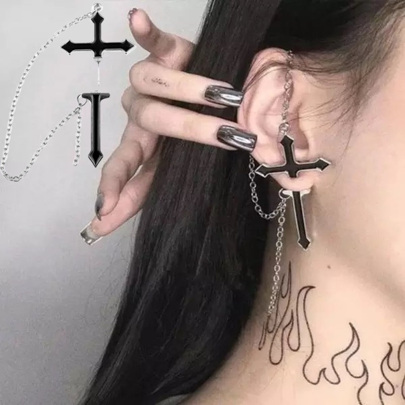 Bông Tai Chuỗi Dài Hình Thánh Giá Màu Đen Phong Cách Punk Gothic Thời Trang Unisex