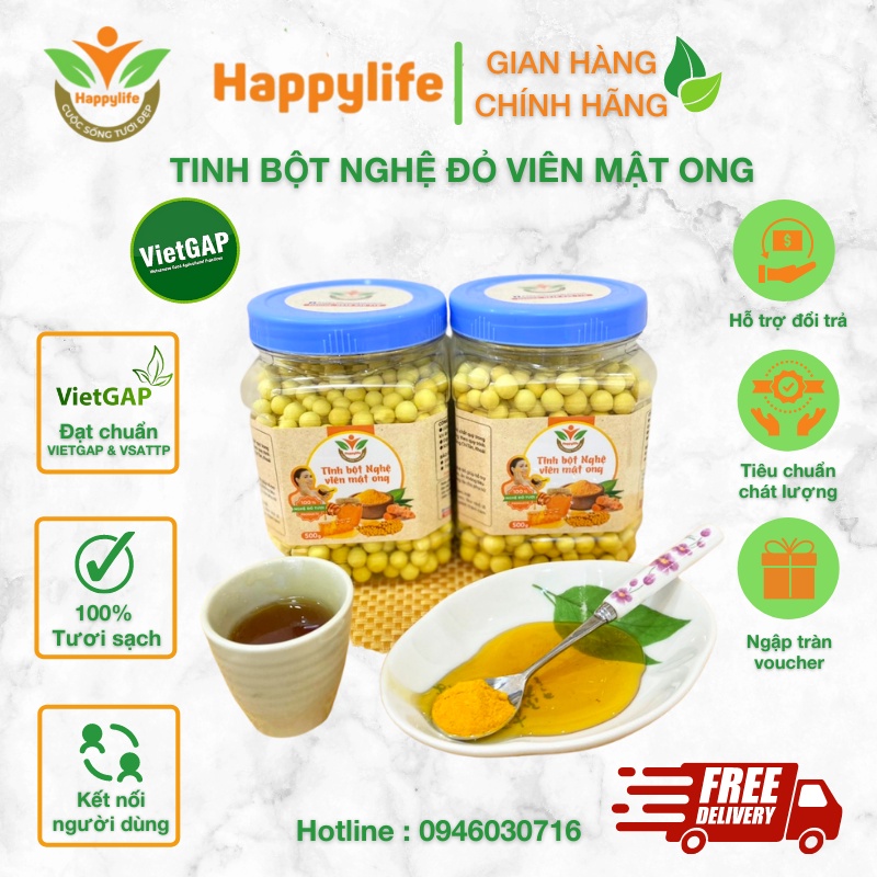 Tinh Bột Nghệ Đỏ Viên Mật Ong Happylife hộp 500g - Đẹp Dáng, Sáng Da, Mờ Thâm Nám, Tốt Cho Dạ Dày, Ngừa U.n.g T.h.ư