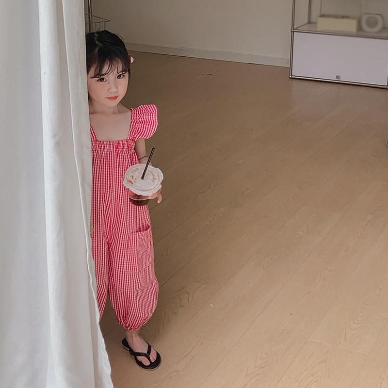 Jumpsuit Tay Cánh Tiên Họa Tiết Ca Rô Phong Cách Hàn Quốc Dành Cho Bé Gái