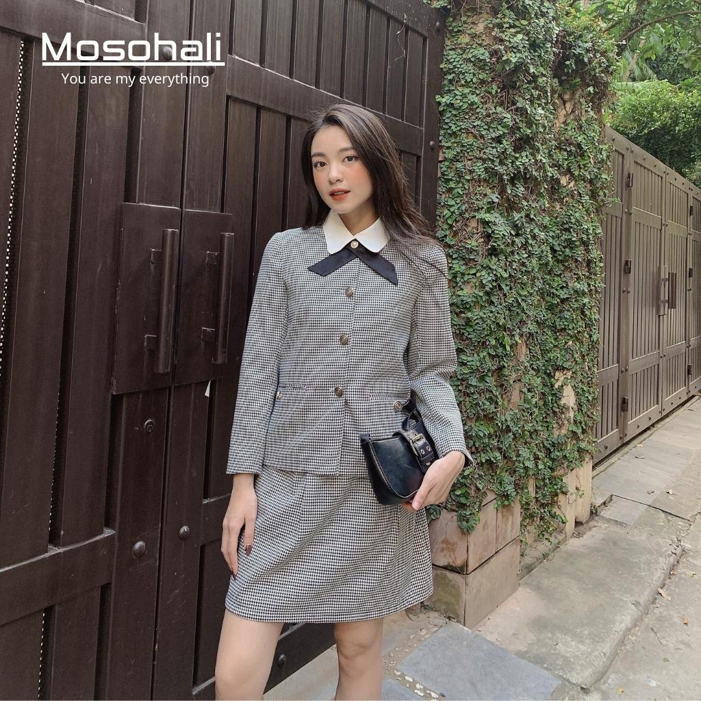 Set vest nữ Mosohali kẻ không cổ set blazer nữ Aya thời trang thiết kế công sở (áo blazer + chân váy) | BigBuy360 - bigbuy360.vn