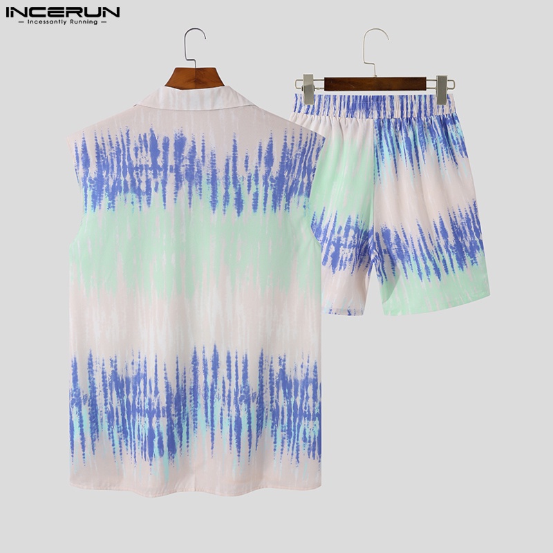 INCERUN Set Đồ 2 Món Gồm Áo Không Tay In Họa Tiết + Quần Ngắn Co Giãn Thời Trang Cho Nam