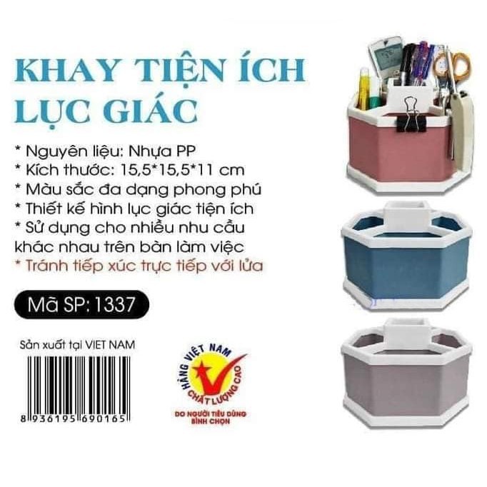 Khay để đồ tiện ích hình lục giác, hộp đựng bút, điều khiển, cọ trang điểm, đồ cá nhân 6 ngăn nhựa Việt Nhật