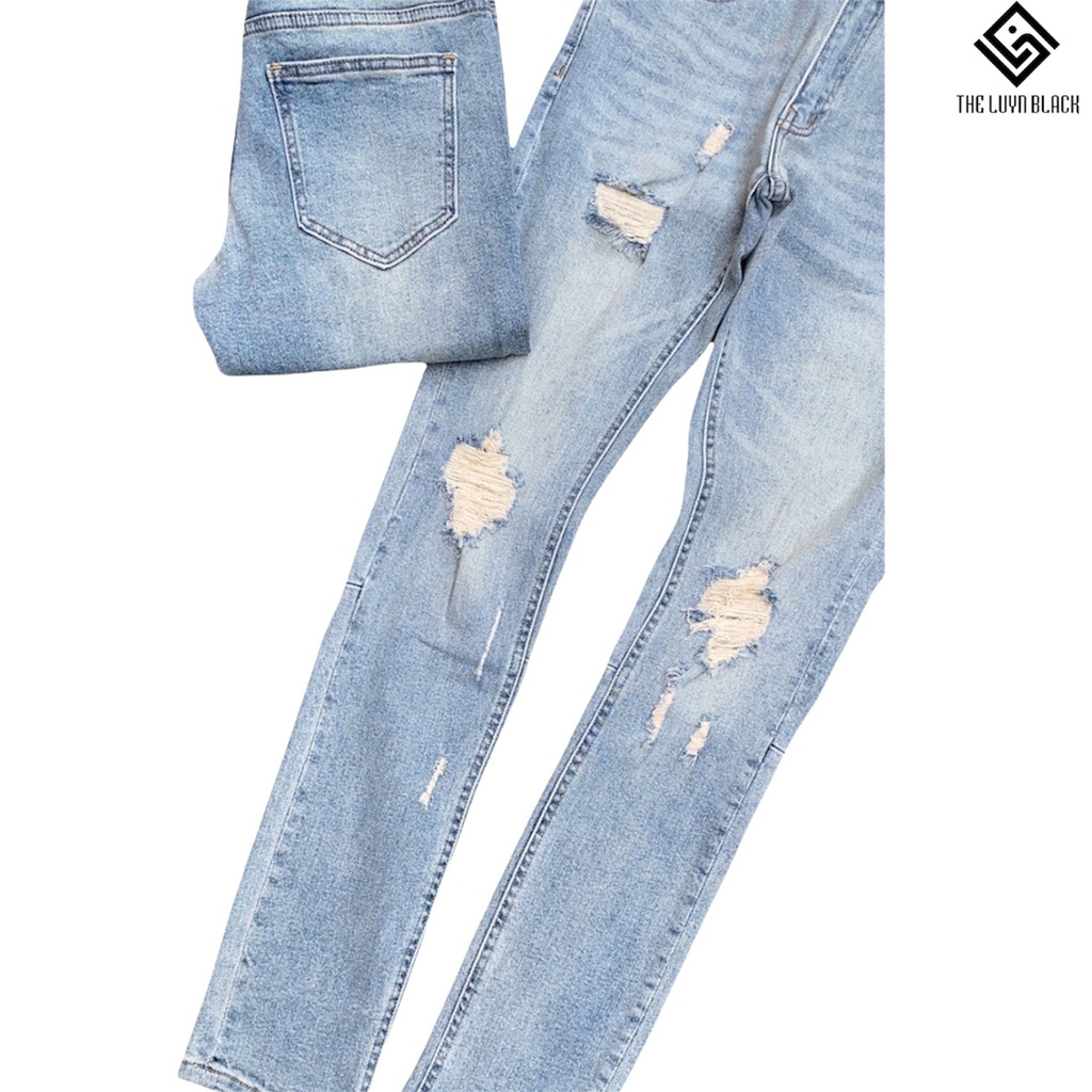 Quần Jean Nam The Luyn Black Phong Cách Streetwear Rách Gối Màu Xanh Nhạt Đơn Giản Dễ Phối Đồ
