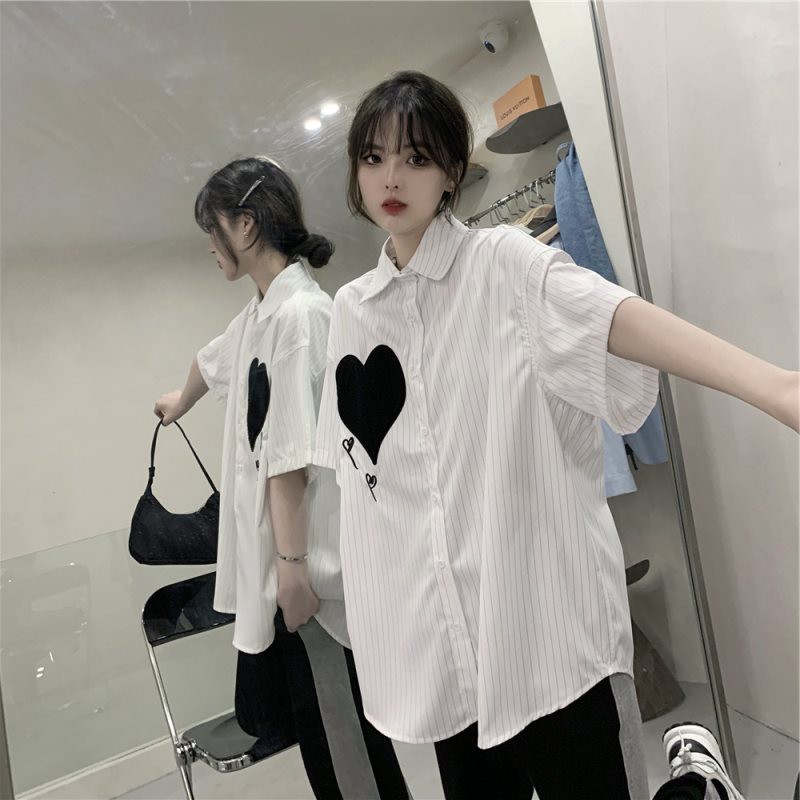 Summer Heart Printed Retro Design Top Niche Casual Loose-Fit-Style Hong Kong-Style BF Striped White Shirt Female