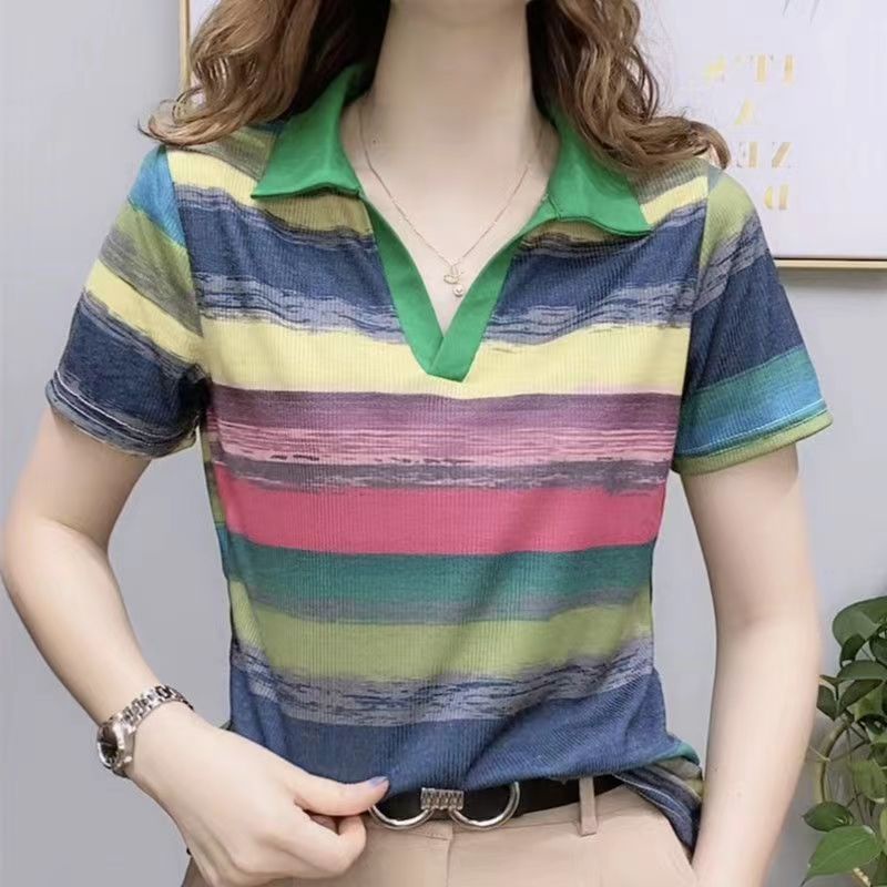 Áo Thun polo Ngắn Tay Họa Tiết Sọc Ngang Thời Trang Dành Cho Nữ