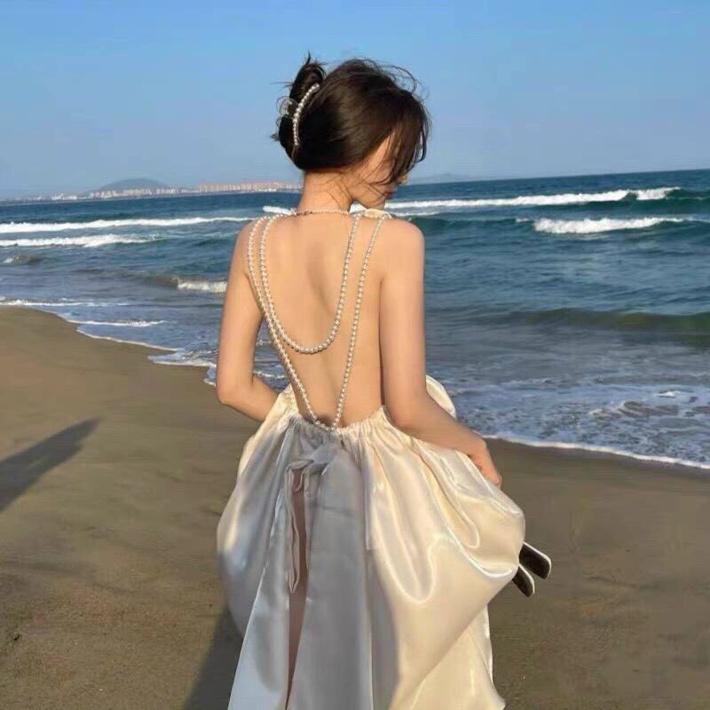 Đầm maxi hở lưng kết cườm đính nơ xinh đẹp sang chảnh
