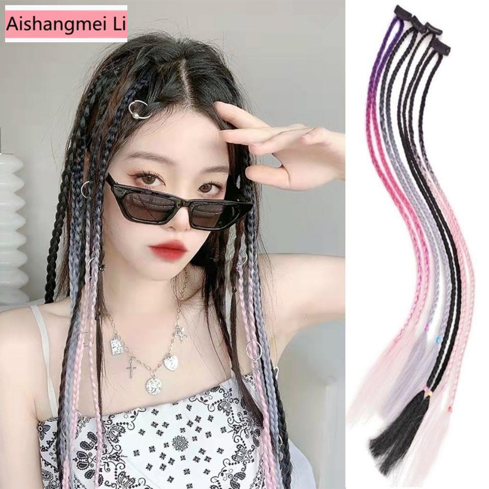 [Aishang Đẹp Phụ Kiện] Tóc Giả Thắt Bím Ngắn Phong Cách Âu Mỹ Màu Gradient Có Kẹp Dài Không Đường May Cho Nữ