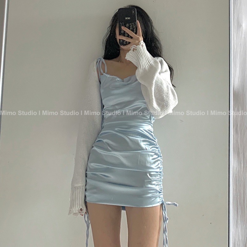 Đầm satin lụa dây rút