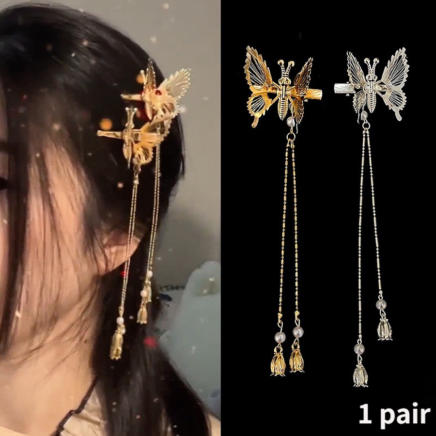1 Cặp Kẹp Tóc Hợp Kim Hình Bướm Tua Rua Phong Cách Retro Hàn Quốc