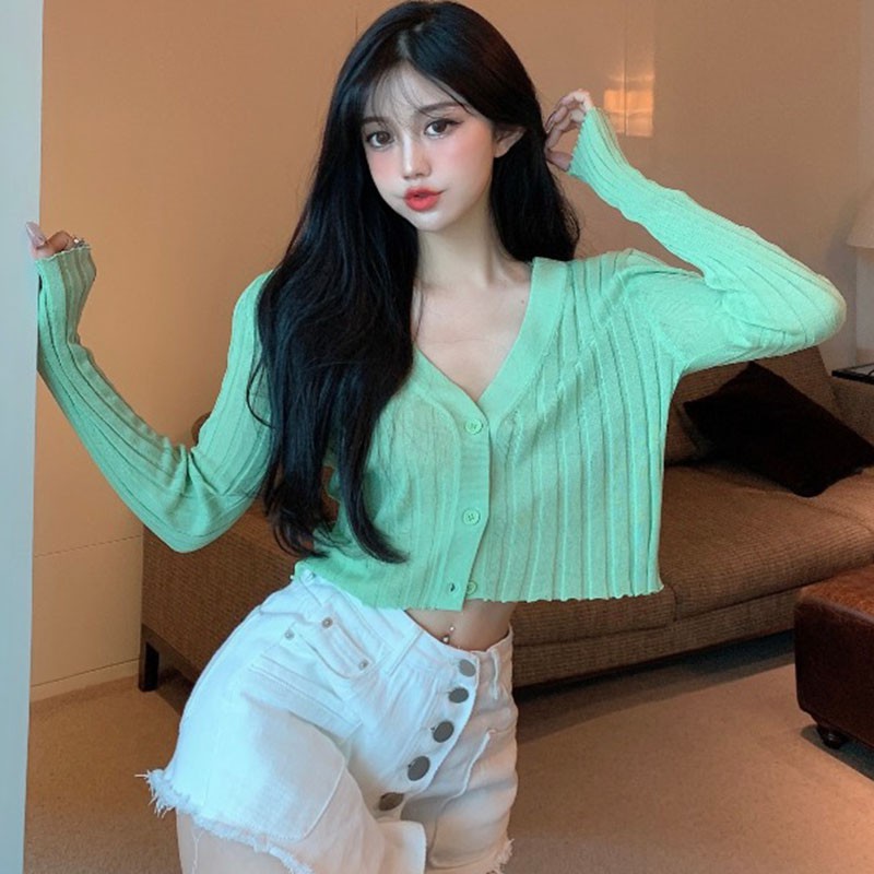 Áo Khoác Cardigan Áo Len Croptop Mỏng Cadigan Dệt Kim Tay Dài Cổ Chữ V Chống Nắng Cho Nữ