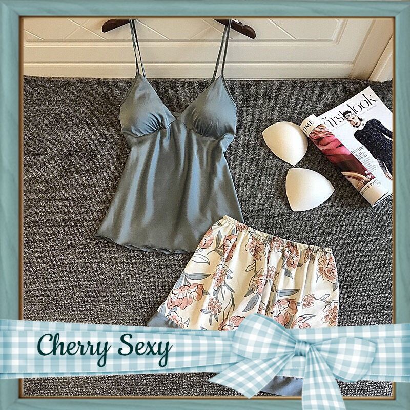 Bộ đồ ngủ lụa 2 dây cao cấp kèm mút ngực