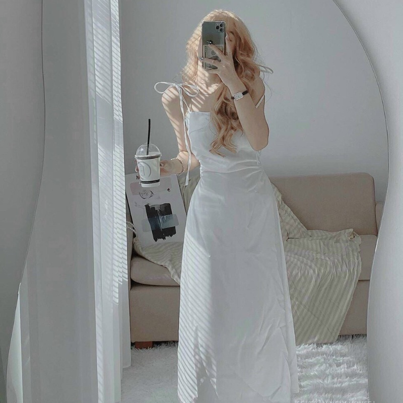 Đầm đi tiệc váy nữ 2 dây buộc vai khoét eo dáng dài chất lụa mềm mại sang trọng phù hợp đi chơi du lịch dạo phố HN0077