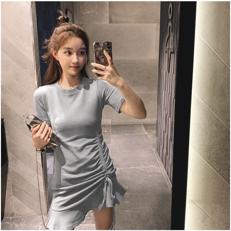 Xiaozhainv Đầm tay ngắn phối dây rút màu trơn phong cách Hàn Quốc | BigBuy360 - bigbuy360.vn