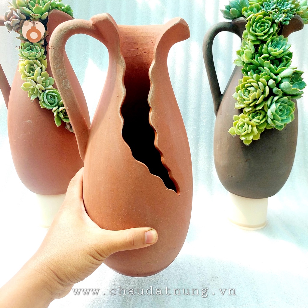 Chậu đất nung, Chậu sen đá - Bình sữa cắt vân mây, miệng chậu 10cm, chiều cao 29cm