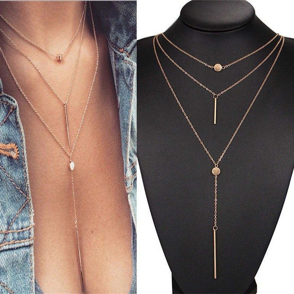 Vòng cổ choker bằng kim loại thiết kế nhiều lớp gắn đá và thanh dài đơn giản