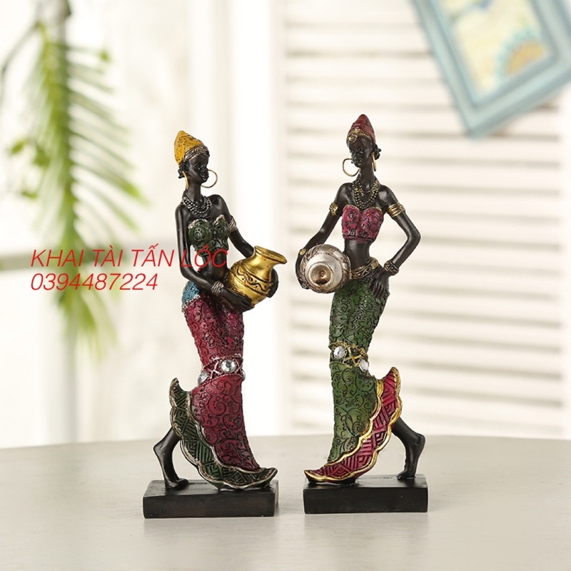 Bộ 2 tượng cô gái Châu Phi cầm bình nước trang trí cao 17cm