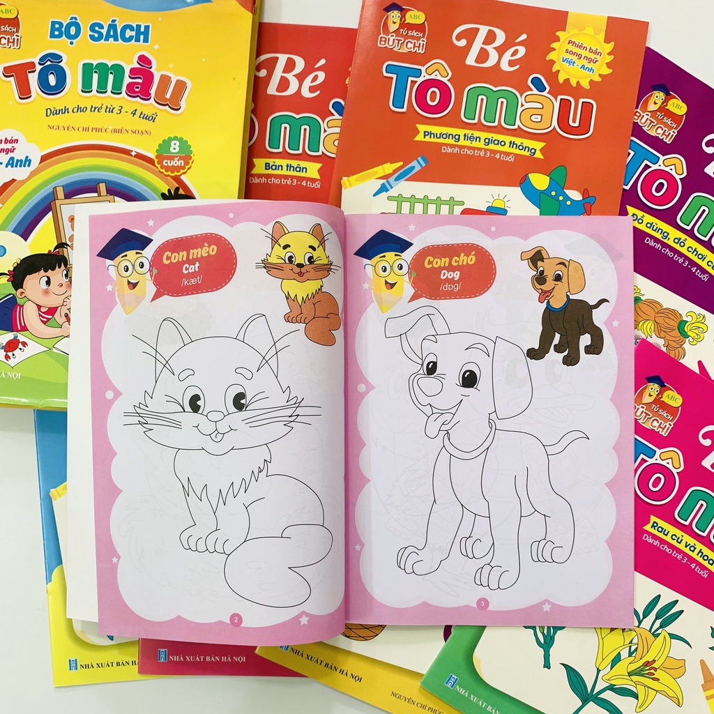 Sách tô màu cho bé bộ 8 quyển nhiều chủ đề song ngữ Việt Anh cho trẻ từ 3 - 4 tuổi