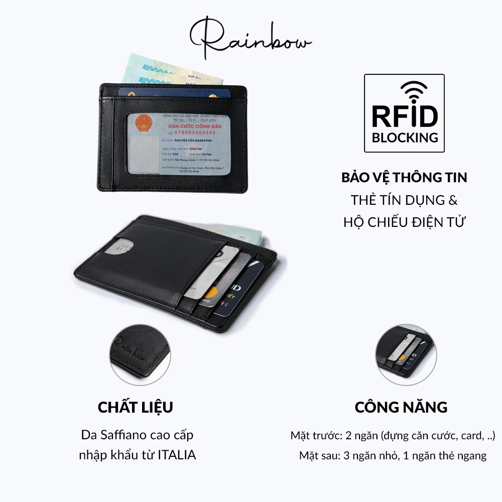 Ví đựng thẻ da bò thật siêu mỏng Rainbow CW001 chống trộm RFID thông minh nhỏ gọn tinh tế