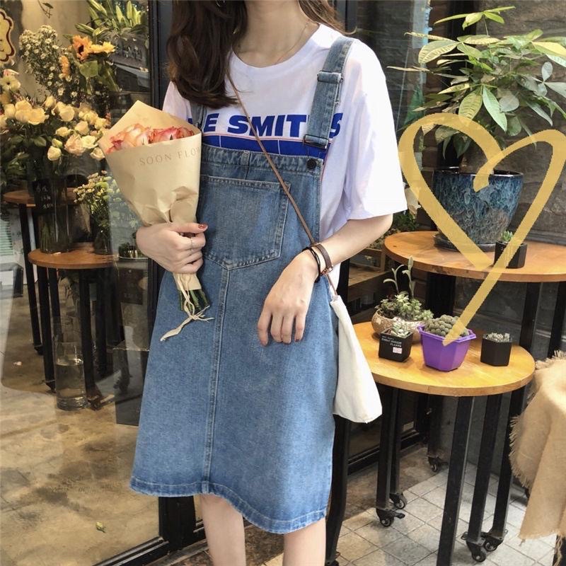 Váy Yếm Jean Nữ Màu Xanh Có Túi Trước Phom Rộng, Yếm Bò Basic Có Dây Điều Chỉnh Phong Cách Hàn Quốc Loại 1 Đủ Size