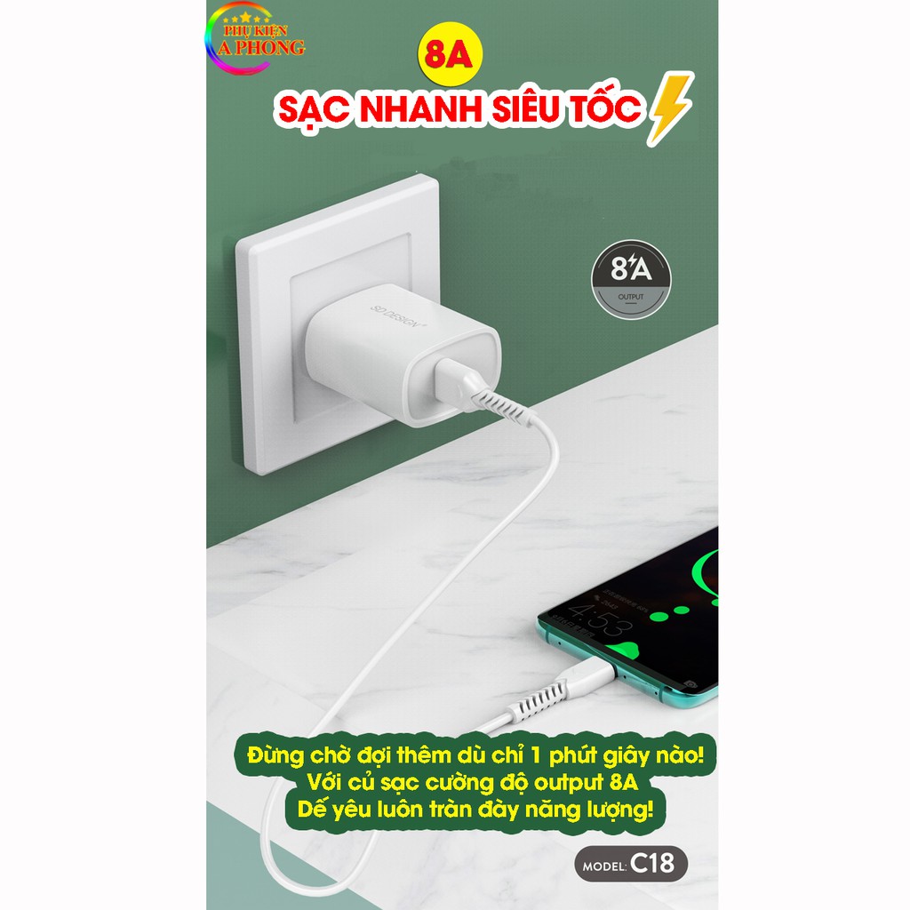 Củ sạc nhanh siêu tốc 8A C18 ✅ Cs tới 50W ✅ Chip thông minh, sạc nhanh không hại máy ✅ Chính hãng, BH 1 năm