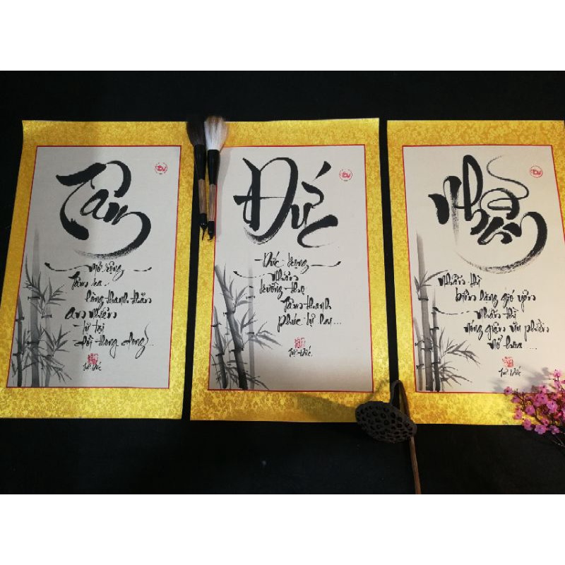Bộ ba chữ Tâm Đức Nhẫn 35x70cm