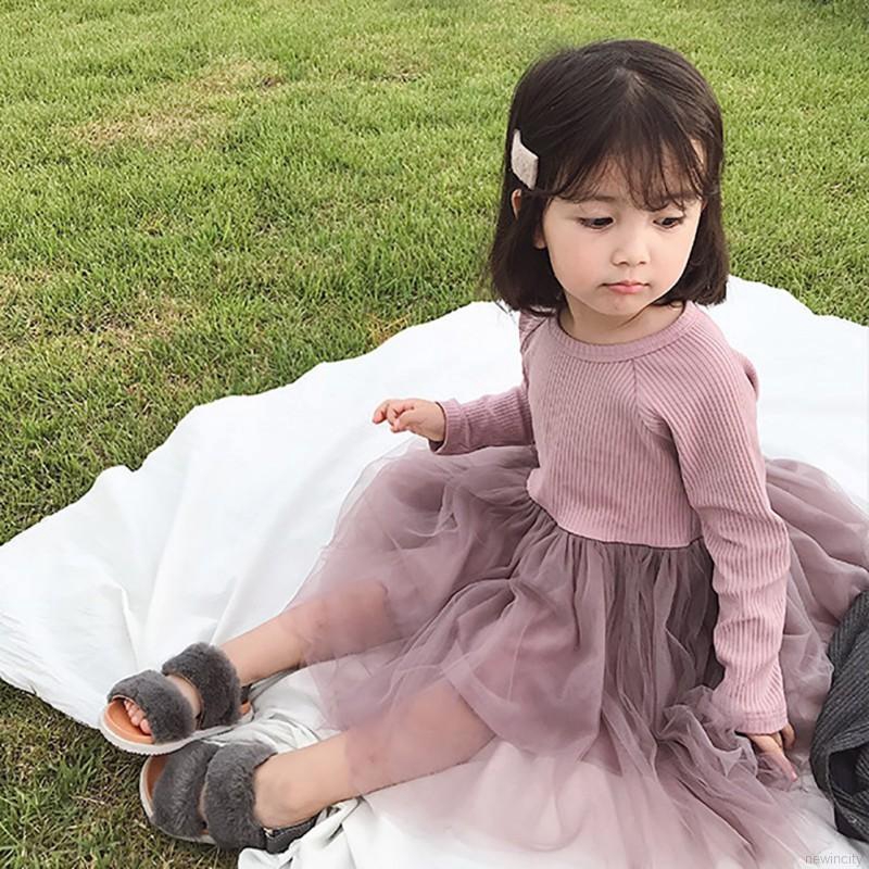 Đầm bé gái tay dài phối lưới phong cách Hàn Quốc dễ thương