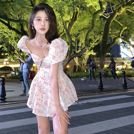 [MURIOKI] Đầm Ngắn In Hoa Tay Phồng Phong Cách Pháp Thời Trang Cho Nữ