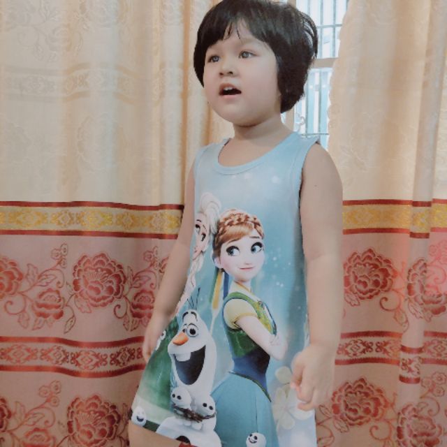 Đầm thun sát nách in hình 3D công chúa Elsa và Anna cho bé diện hè mát mẻ.(vothidiep)