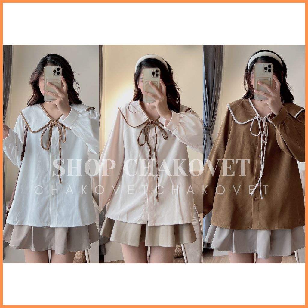 Áo Sơ Mi Nhung Tăm Dài Tay Nữ Tiểu Thư A8477 Áo Sơ Mi Bèo Vai Mix Viền Phối Dây Buộc Nơ Siêu Xinh Ulzzang - CHAKOVET