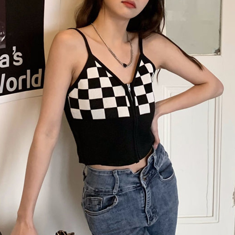 Áo Croptop Hai Dây Dệt Kim Cổ Chữ V Họa Tiết Sọc Caro Phối Khóa Kéo Thời Trang Cho Nữ