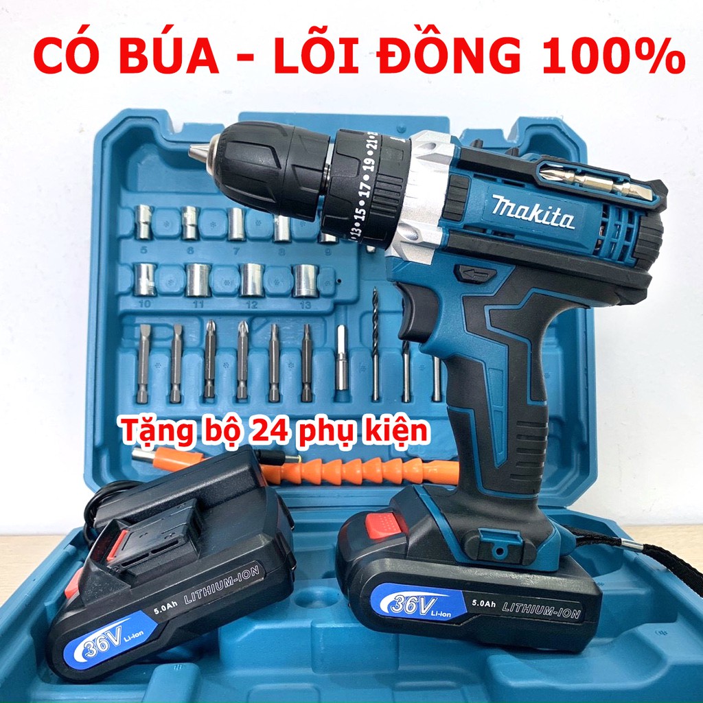 [Tặng phụ kiện 24 chi tiết] Máy khoan pin 36V Makita 3 chức năng - Lõi đồng có búa - Pin chuẩn 5 cell