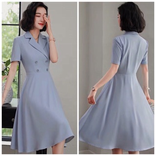 Đầm midi, váy công sở, váy cổ vest xanh đậm 4 nút