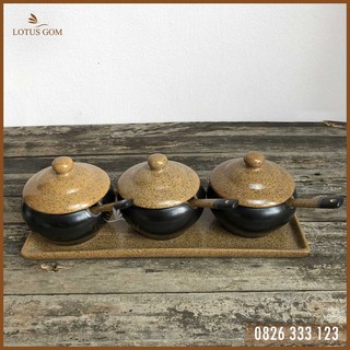 Bộ 3 Hũ Đựng Gia Vị Mini Kèm Khay Gốm Sứ Bát Tràng - Lotus Gom