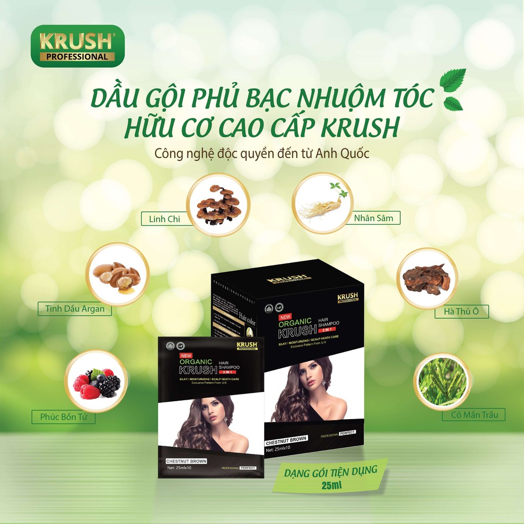 [ 5 Gói x 25 ml ] Dầu gội nhuộm tóc hữu cơ  Màu nâu đen  Krush Anh Quốc