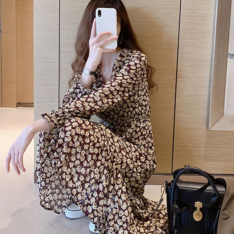 Đầm Dài Tay Họa Tiết Hoa Xinh Xắn Thời Trang Theo Phong Cách Pháp Dành Cho Nữ