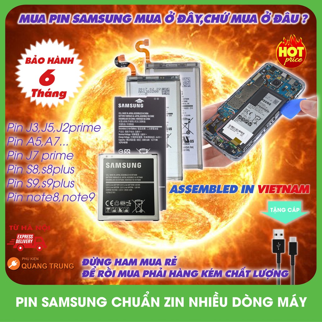 Pin Samsung chính hãng,J2/J3/J5 2015,J510,J7prime,S6,s8,s8plus,s9,s9plus,note8,note9
