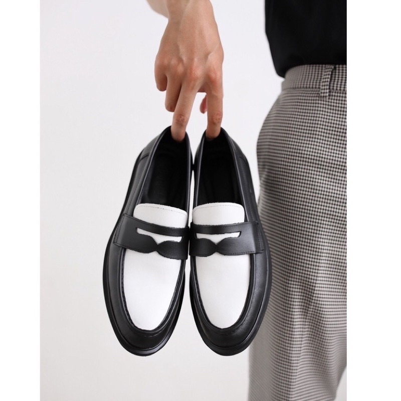 Giày Penny Loafer Black White da nguyên tấm, Giày Sơn Tùng Đế Phíp Cao Cấp | BigBuy360 - bigbuy360.vn