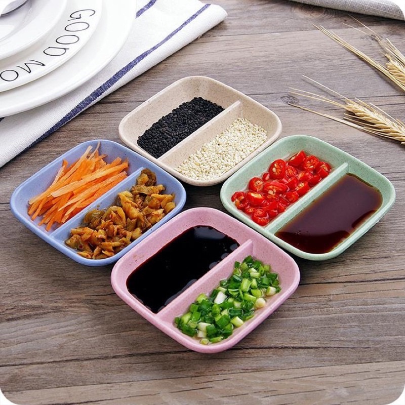 Chén Đựng Gia Vị 2 Ngăn Bằng Nhựa Lúa Mạch Màu Pastel