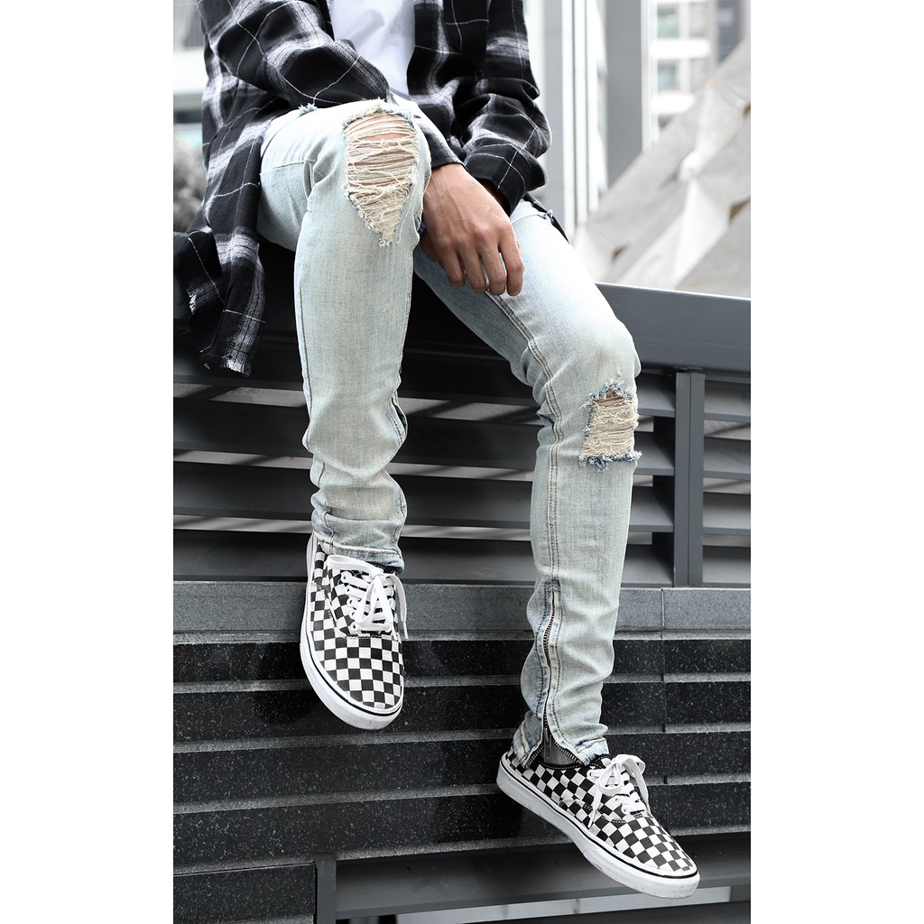 Quần Skinny Jean Rách Gối Có Zipper Màu Xanh