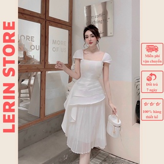 Váy xếp ly thiết kế đầm dự tiệc dài qua gối đen trắng tapta sang trọng che bắp tay đầm trễ vai lerin v168