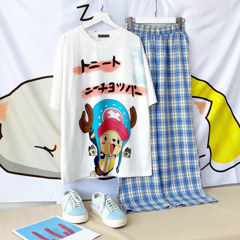 Set đồ nữ quần kẻ caro ống rộng, áo thun Unisex tay lỡ CHILL SHOP, thoáng mát freesize dưới 60kg | BigBuy360 - bigbuy360.vn