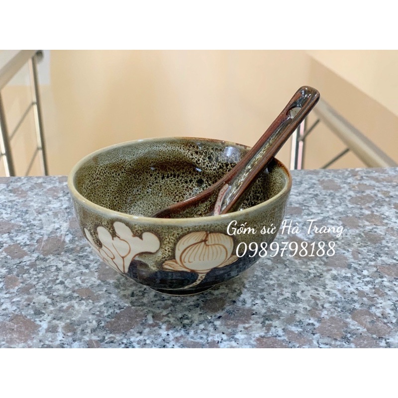 Set bát cơm và thìa cơm gốm sứ Bát Tràng cao cấp không chì men hoả biến gấm khắc sen chìm