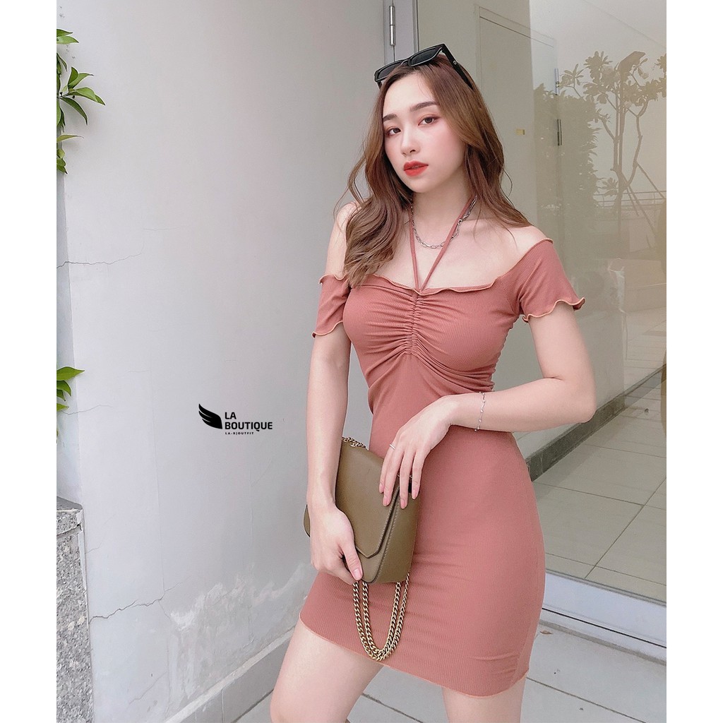 Đầm Nữ, Form Ôm Trễ Vai Cột Dây, Thun Gân 4 Chiều Co Giãn, Freesize LA BOUTIQUE | BigBuy360 - bigbuy360.vn