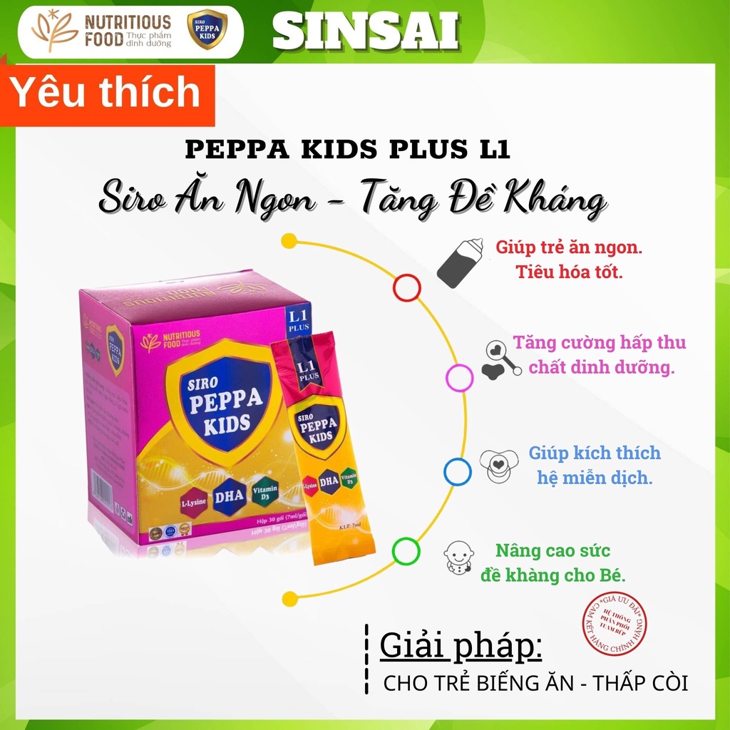 Siro Ăn Ngon Peppa Kids Plus L1 Dành Cho Bé Biếng Ăn Tăng Sức Đề Kháng, Bổ Sung DHA Canxi và Vitamin Cho Bé.